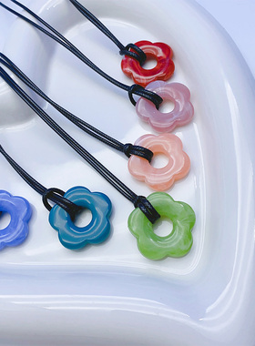 醋蜡皮绳女多巴胺镂空小花项链