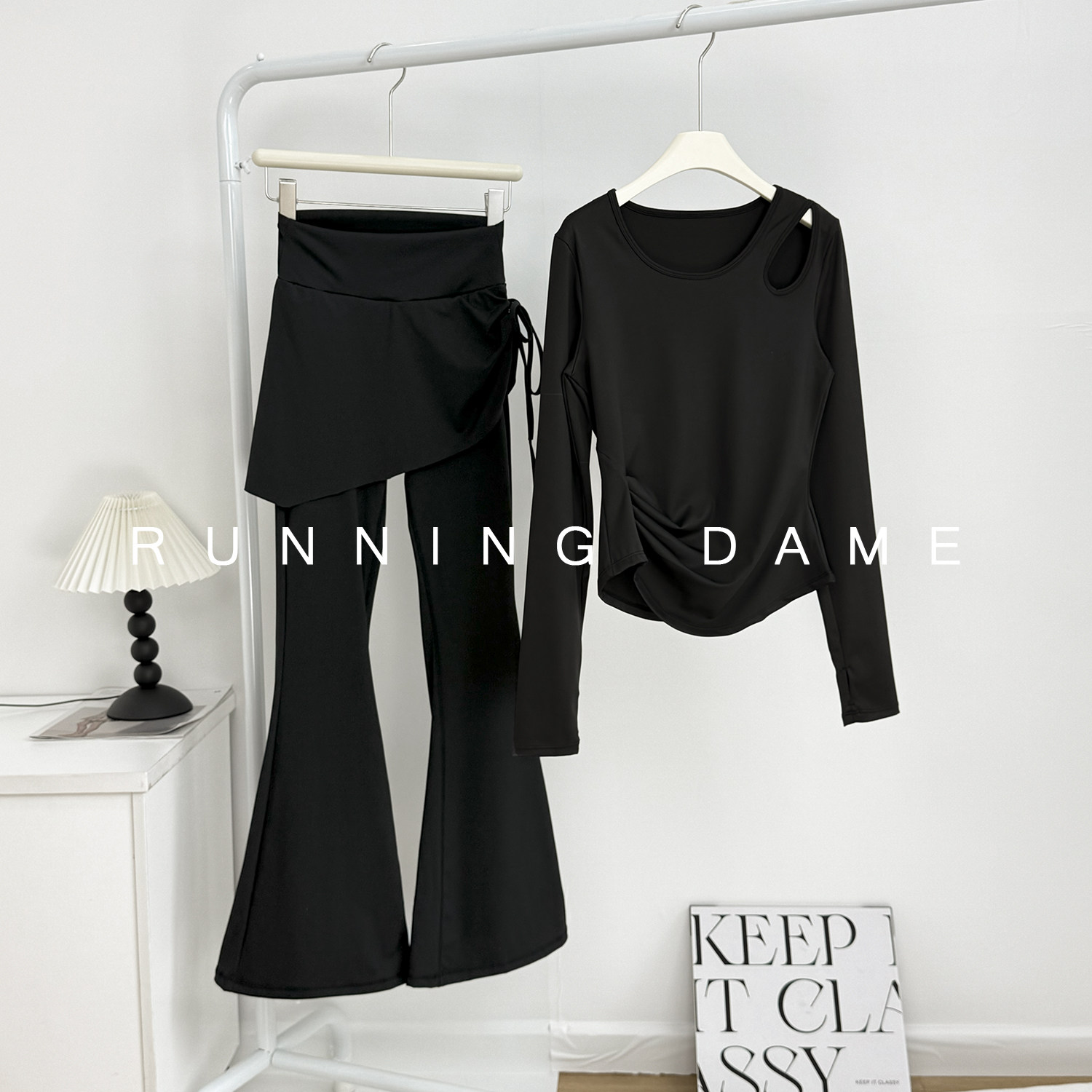 设计感镂空瑜伽长袖假两件微喇裤普拉提健身运动套装女显瘦速干,淘宝优惠券,粉丝福利购,淘宝优惠卷