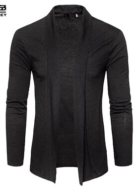 修身型翻领长款浅灰色开衫