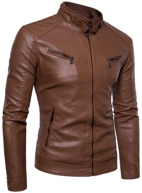 Men's Leather Jacket Casual 外穿酒红色枣红色加绒拉链深蓝色
