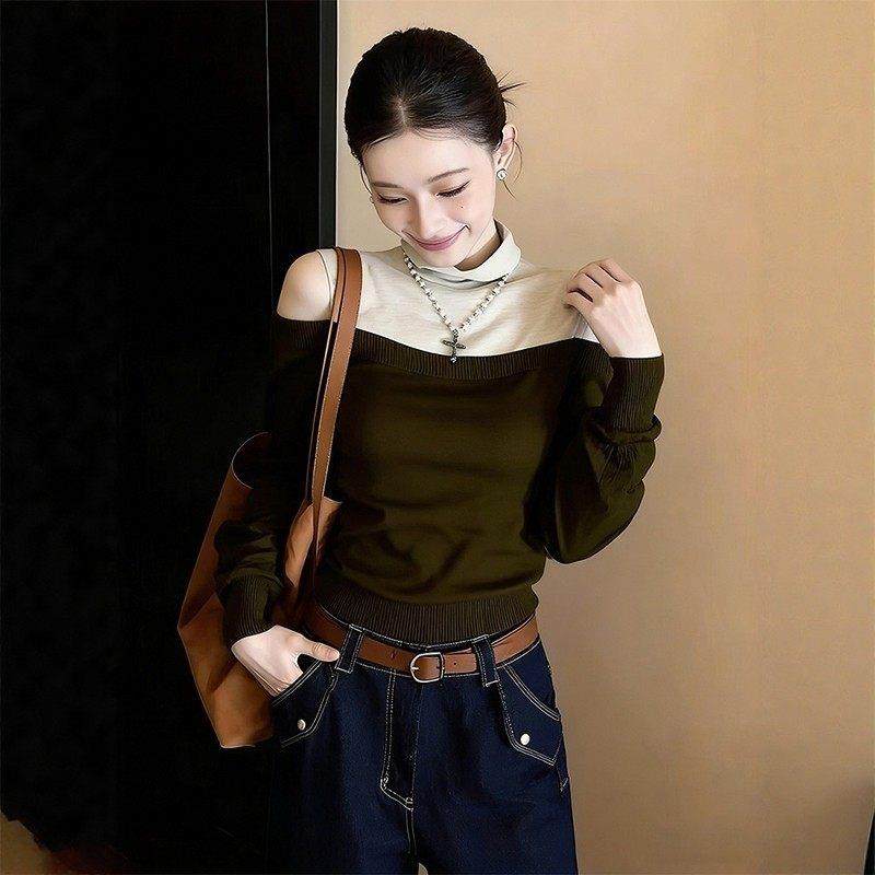 法式拼色堆堆领长袖针织衫女秋冬露肩洋气减龄高级感打底显瘦上衣,淘宝优惠券,粉丝福利购,淘宝优惠卷