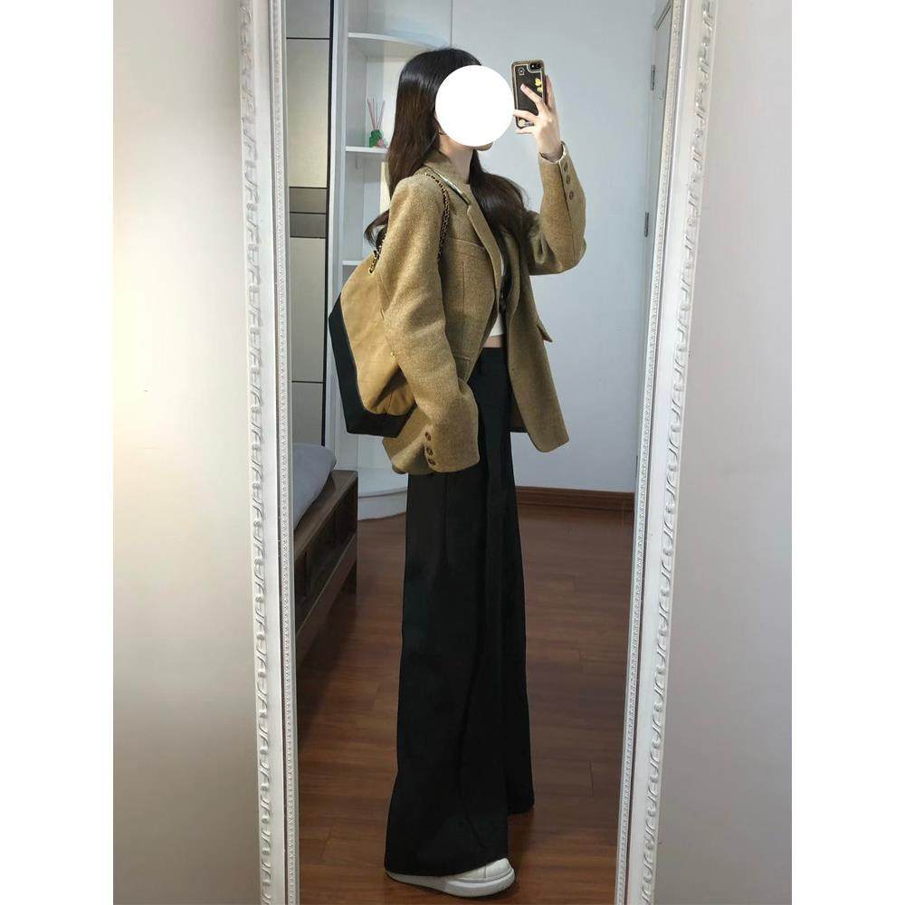 卡其色覆古毛呢西装外套女秋冬新款高级感小个子廓形气质西服上衣,淘宝优惠券,粉丝福利购,淘宝优惠卷