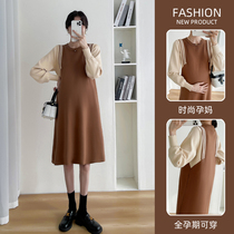 Pregnant Woman Autumn Clothing Dress Dress Fall Fashion Collage of Thickened Blouse Autumn Long dress Dress Stitch Sweater Sweater