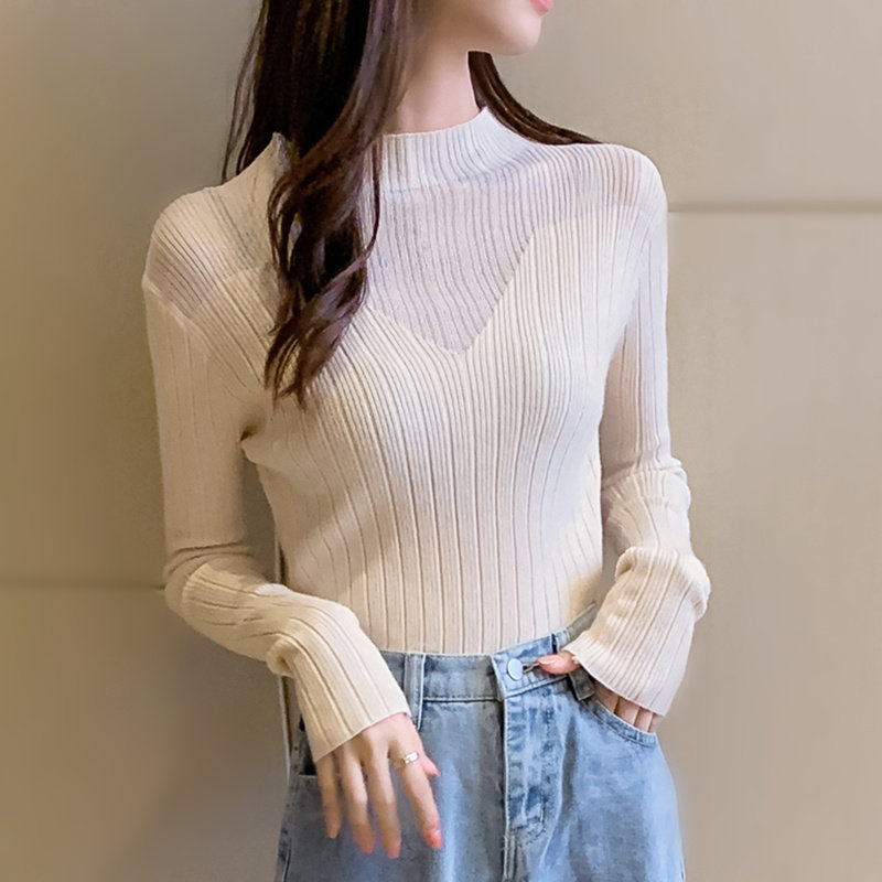 性感网纱半高领紧身长袖短款针织衫 三月缘芬毛针织衫