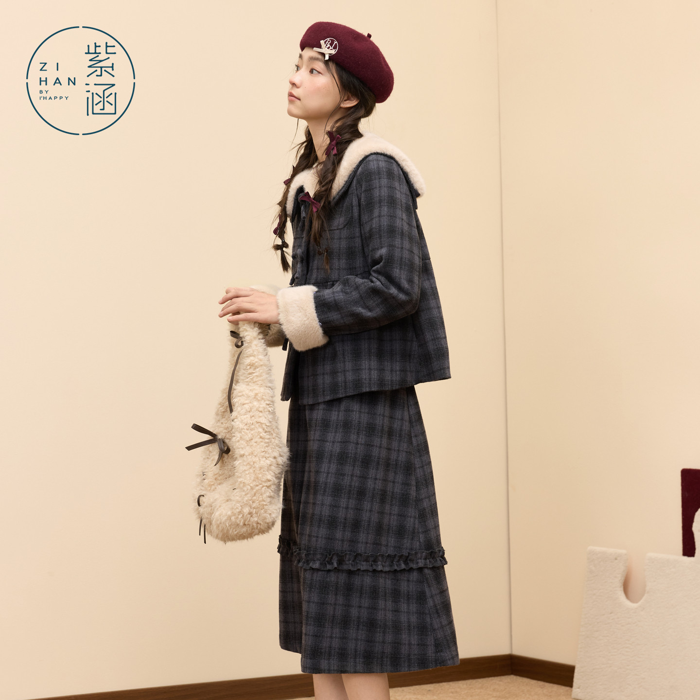 紫涵复古羊毛格纹毛呢翻领外套a字半身裙两件套装2025冬装一整套,淘宝优惠券,粉丝福利购,淘宝优惠卷