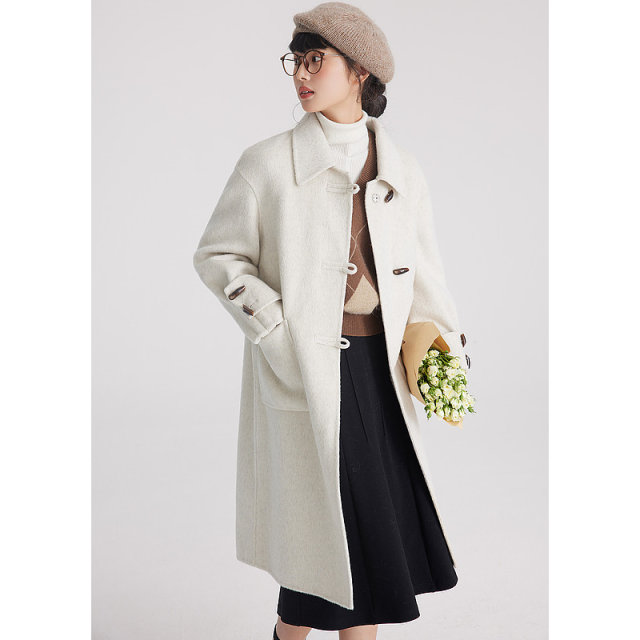 紫涵长款双面呢大衣冬季新款牛角扣文艺简约纯色毛呢外套百搭休闲