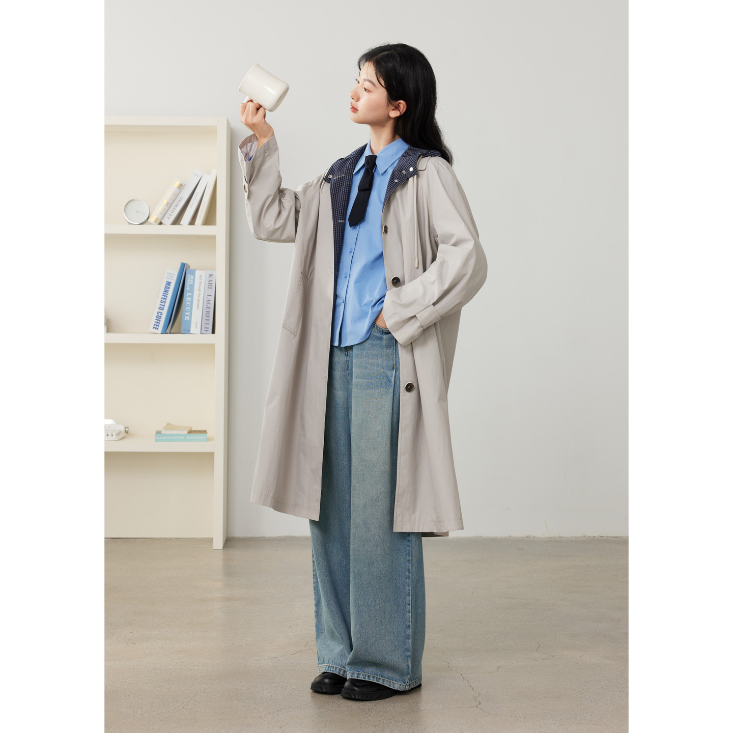 紫涵中长款连帽风衣女2026春季新款内里撞色格纹宽松单排扣外套,淘宝优惠券,粉丝福利购,淘宝优惠卷