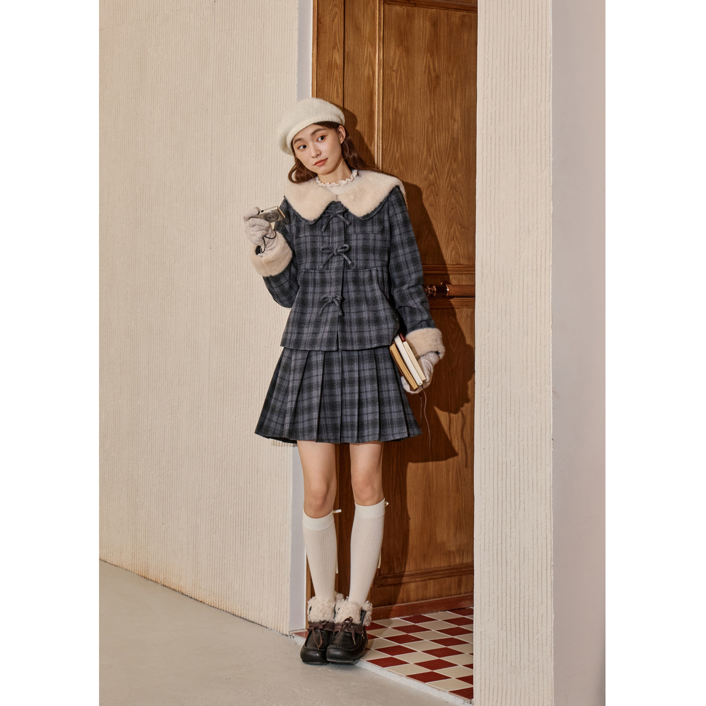 紫涵复古羊毛格纹毛呢翻领外套a字半身裙两件套装2025冬装一整套,淘宝优惠券,粉丝福利购,淘宝优惠卷