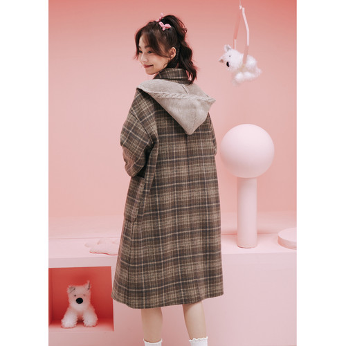 紫涵过膝长款咖格双面羊毛呢大衣女冬季新款学院风针织帽保暖外套 - 图3