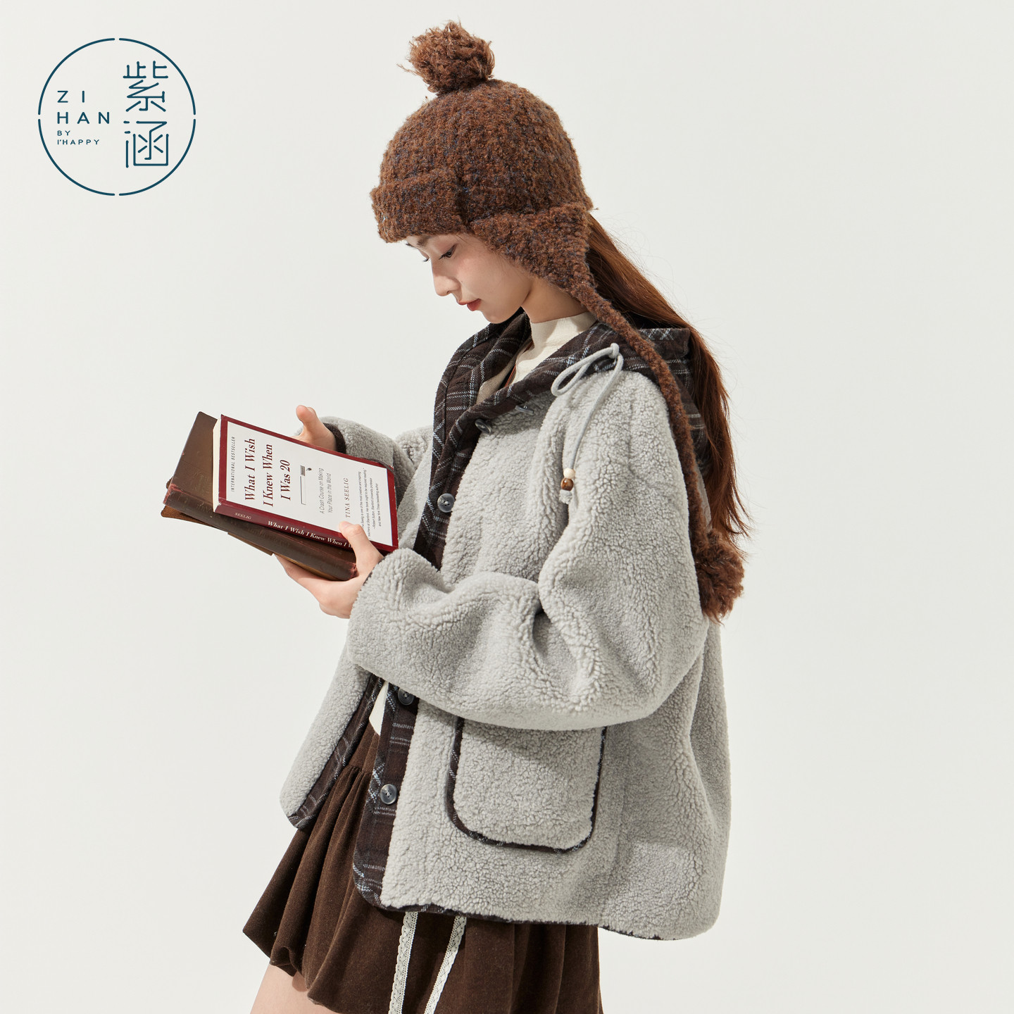 紫涵短款仿羊羔毛连帽外套女2025冬季新款格纹撞色小个子宽松上衣,淘宝优惠券,粉丝福利购,淘宝优惠卷