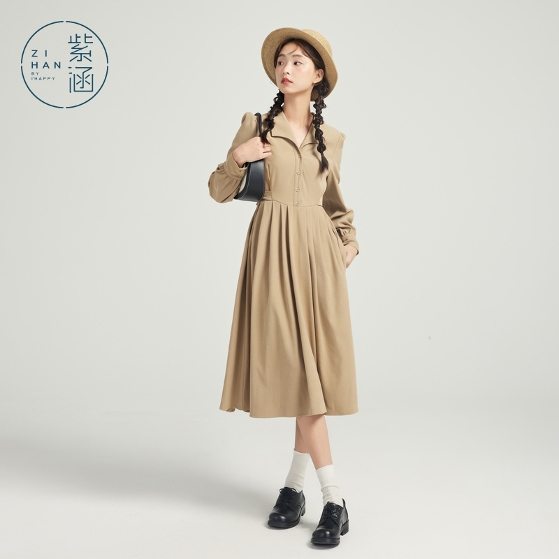 紫涵翻领长袖衬衫连衣裙女小个子A字中长裙秋季简约时尚减龄百搭 - 图0