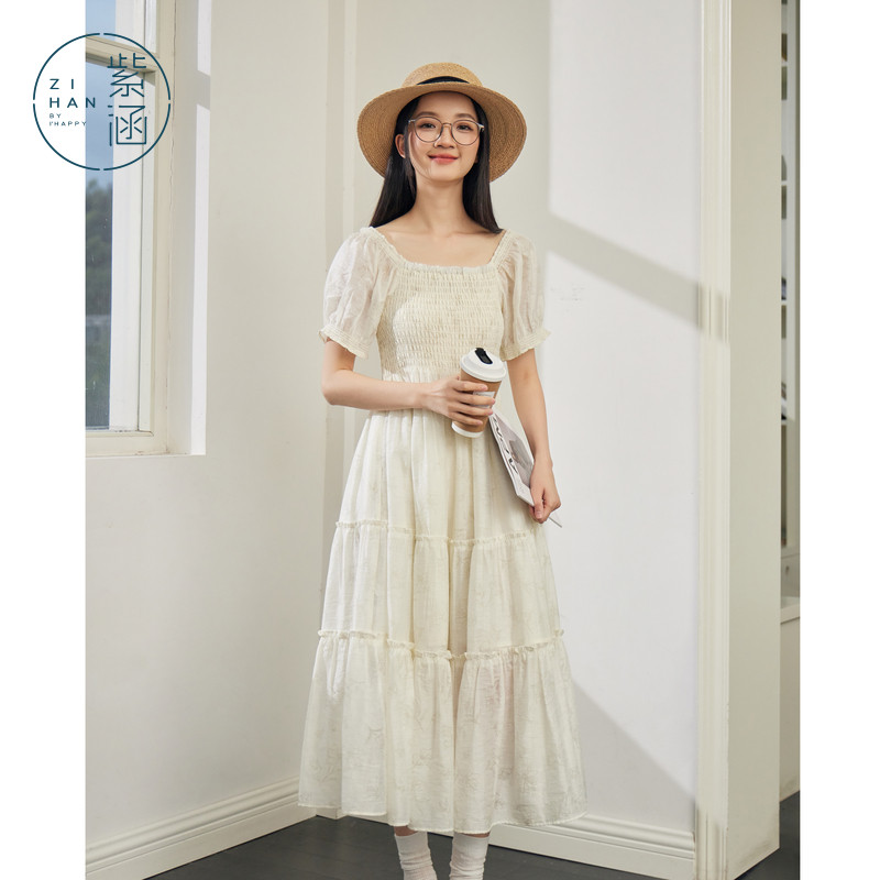 紫涵打揽印花连衣裙女夏季新款法式甜美风休闲收腰显瘦方领中长裙