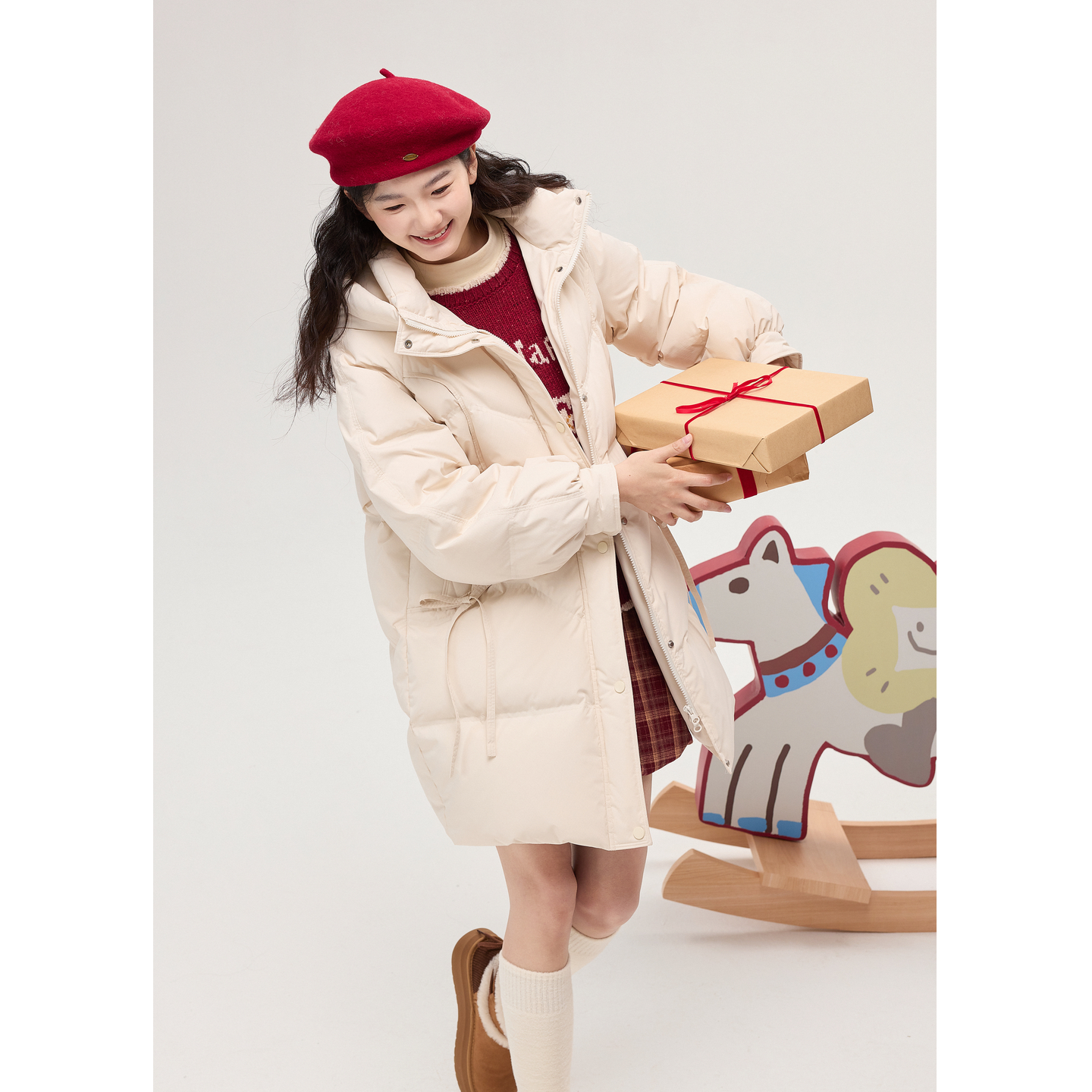 紫涵中长款直筒连帽羽绒服女2025年冬季新款宽松绑带保暖鸭绒外套 - 图1