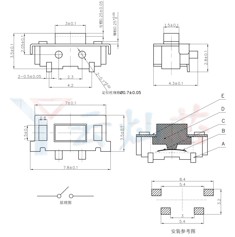 3*6*4.3/3.5/3.8轻触开关侧按有柱贴片2脚MP3/4/5平板电脑按键3x6 - 图0