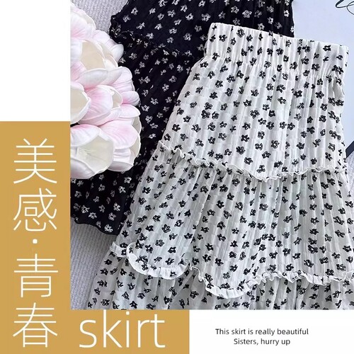 黑色碎花裙女春夏季2025新款蛋糕裙小个子显瘦a字短裙蓬蓬半身裙 - 图2