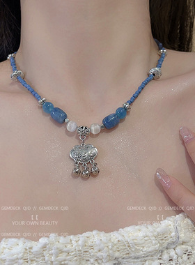 轻奢新中式蓝色串珠平安锁项链女夏藏银冷淡民族风设计小众时尚感