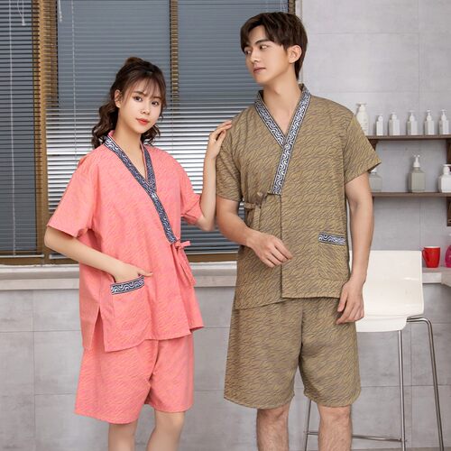 纯棉汗蒸服开衫女韩版套装浴服情侣家居和服男大码高档桑拿服按摩 - 图1