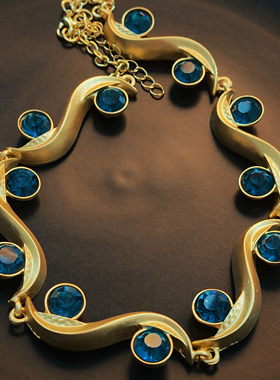 波浪纹蓝色复古项链耳环套装女时尚金属首饰高级感配饰品