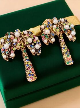 婧冠复古珍珠椰子树项链耳环套装轻奢重工彩色镶钻锁骨链搭配饰品