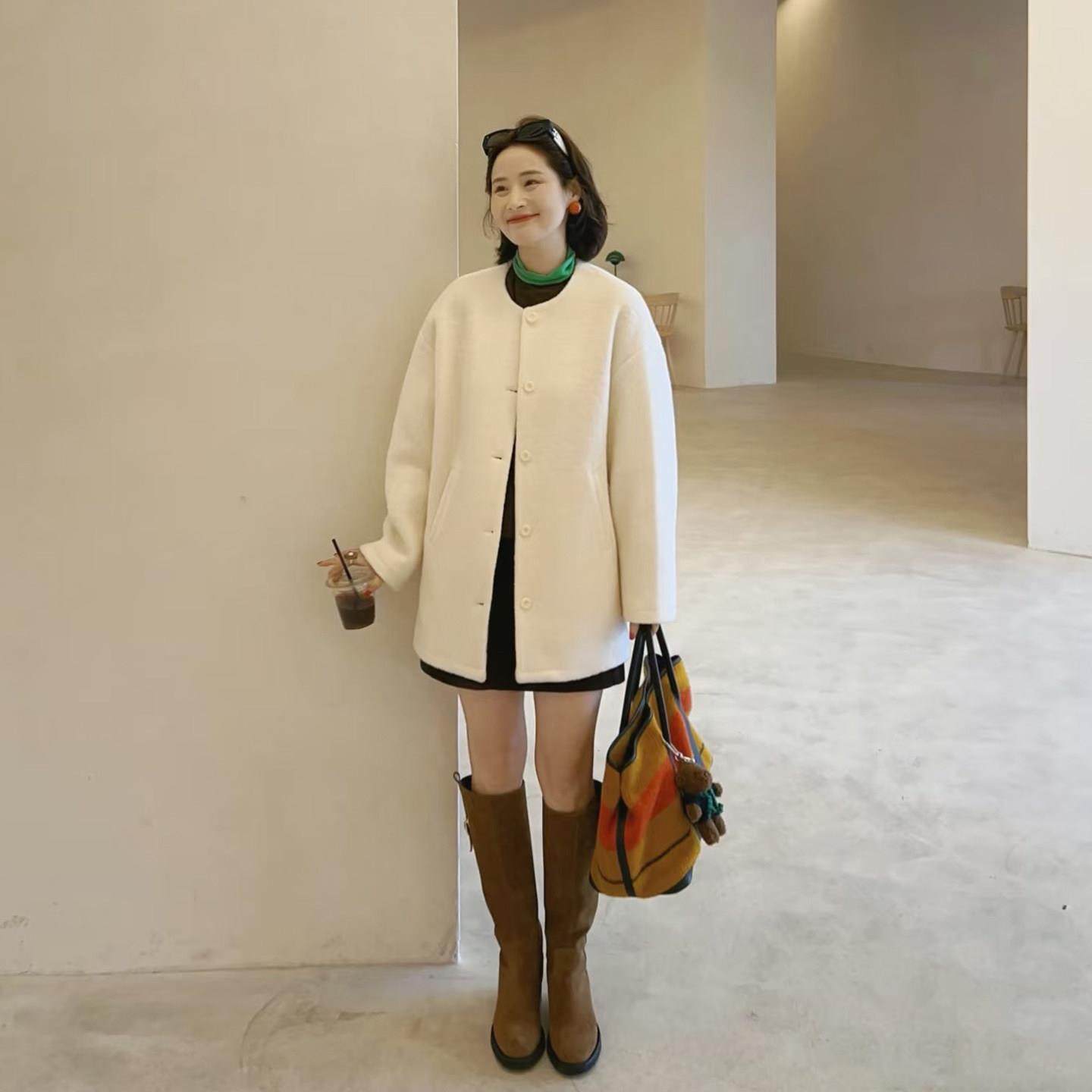 奶白色圆领中长款毛呢外套女秋冬季韩版小个子宽松显瘦呢子大衣,淘宝优惠券,粉丝福利购,淘宝优惠卷