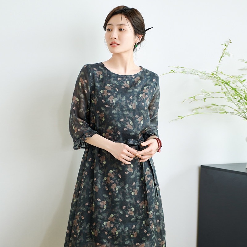 纯苎麻连衣裙夏季H版直筒通勤气质印花棉麻收腰圆领宽松中长裙子