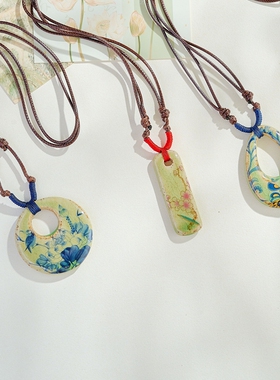 景德镇陶瓷饰品项链学生古风国风瓷片摆摊直播货源手工编 织可调