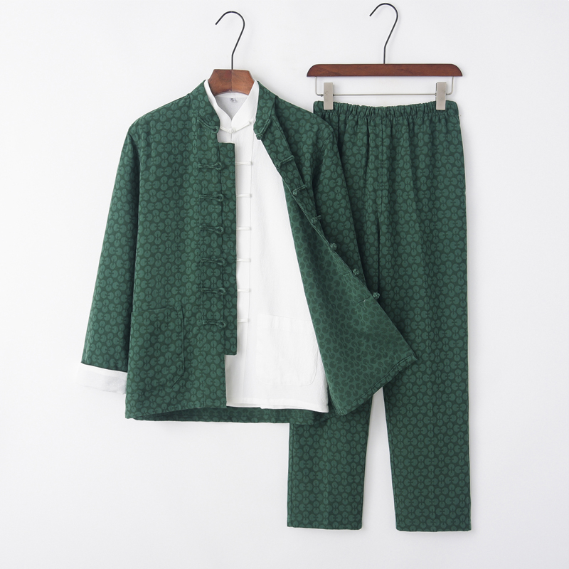 中老年亚麻长袖套装中式唐装禅修装 正九品唐装