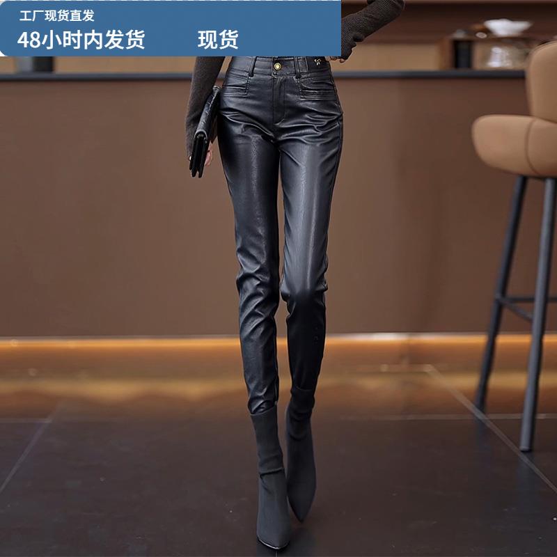 咖色皮裤女秋冬2025新款高腰显瘦PU皮铅笔裤外穿紧身打底小脚裤子 - 图0