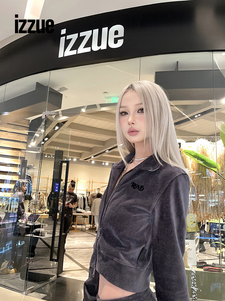 izzue女装灯芯绒两件套2023冬季新款拉链上衣长裤套装3518W3L - 图0