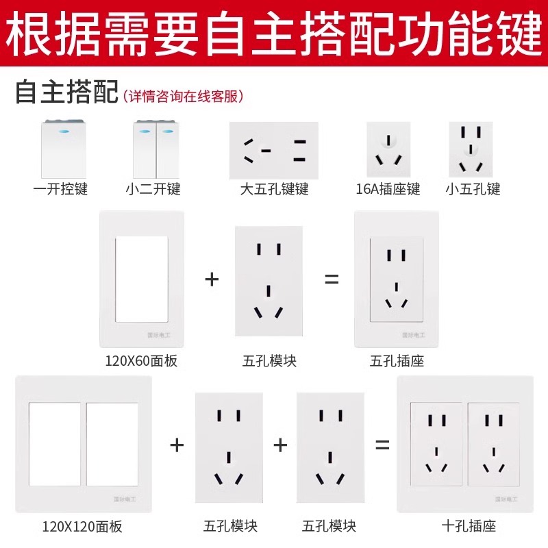 二位大五孔插座120型开关插座大面板模块家用带usb六孔四开多控 - 图0