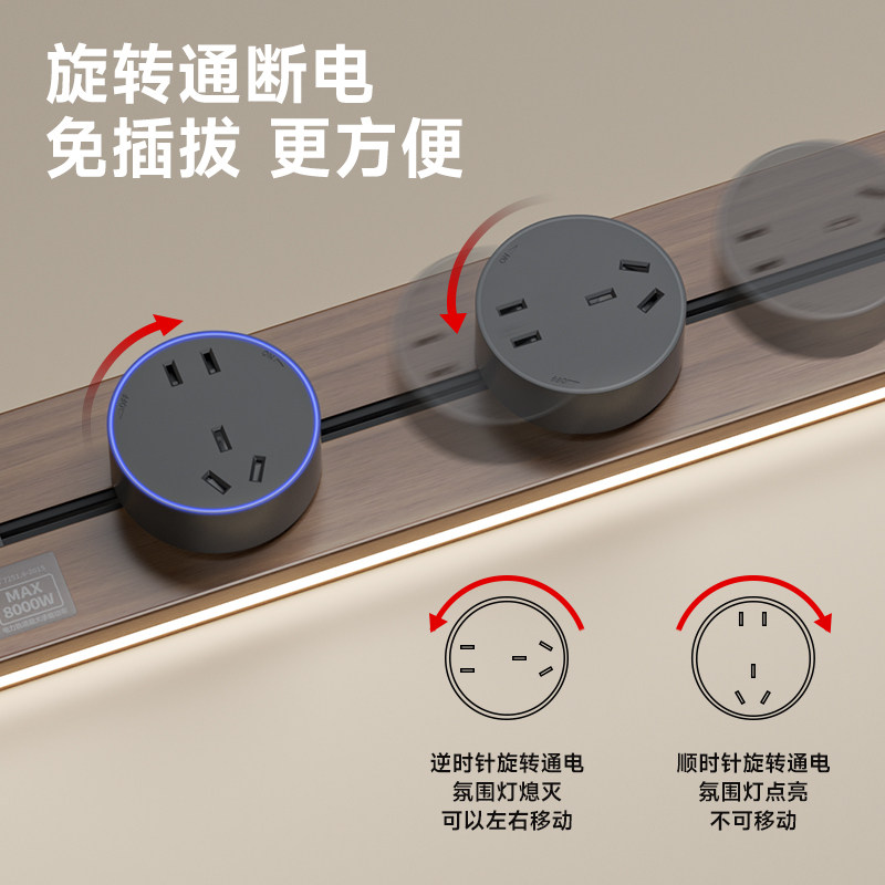 国际电工感应灯轨道插座可移动家用带灯厨房客厅滑轨滑动插排usb