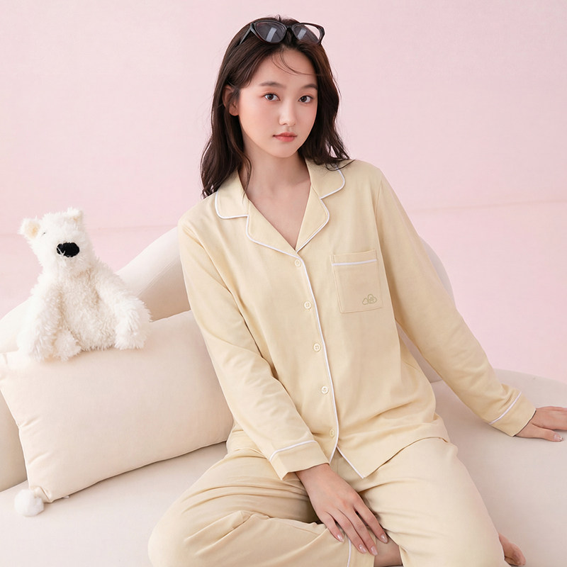 芬腾纯棉睡衣女长袖带胸垫套装春秋简约家居服可外穿女士长裤亲肤