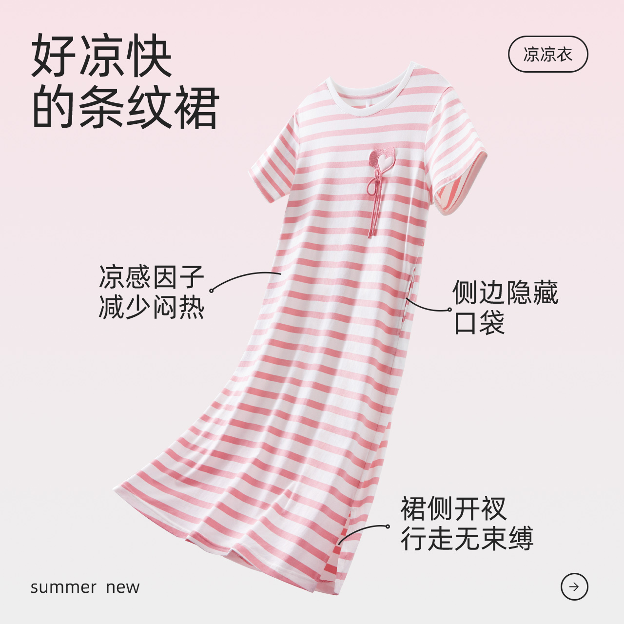 睡裙女夏季红豆居家服凉感短袖2024新款条纹可外穿大码柔软棉睡衣