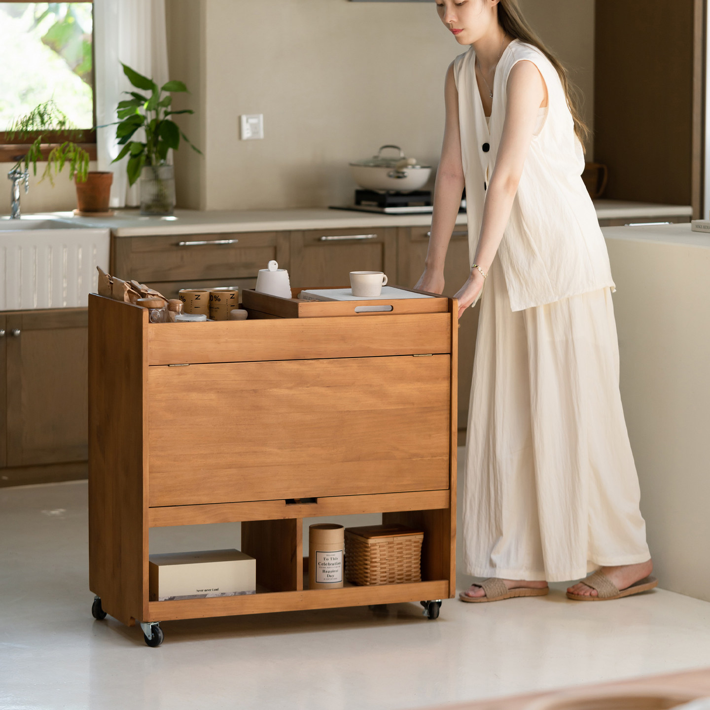 润家家居原木风可移动边几多功能实木推车茶几矮桌工作台收纳柜,淘宝优惠券,粉丝福利购,淘宝优惠卷