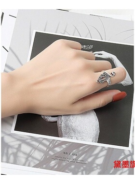 鱼跃龙门孔雀带线古典女手钩针戒指织毛衣哑光小鱼线开口鲤鱼个性