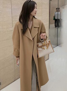 赫本风毛呢大衣女2024冬季新款高端气质名媛长款双面呢外套女