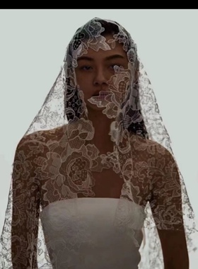 新款网红手工蕾丝头纱婚纱写真拍照道具新娘森系遮面头纱中长款