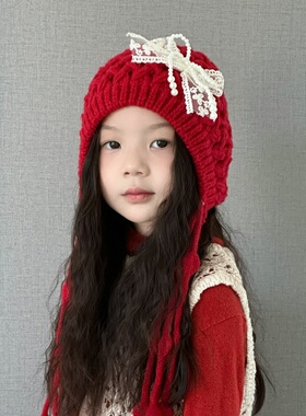 红色儿童针织帽子秋冬公主毛线帽