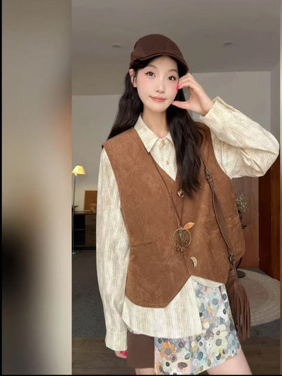 Korean retro tie-dye irregular design versatile loose shirt casual vest vest jacket for women in autumn