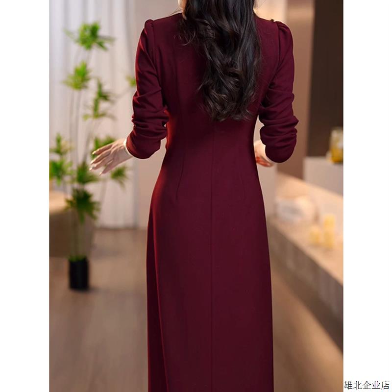 轻奢高级感修身长袖连衣裙女2025春秋新款喜婆婆妈妈婚宴礼服裙子 - 图2
