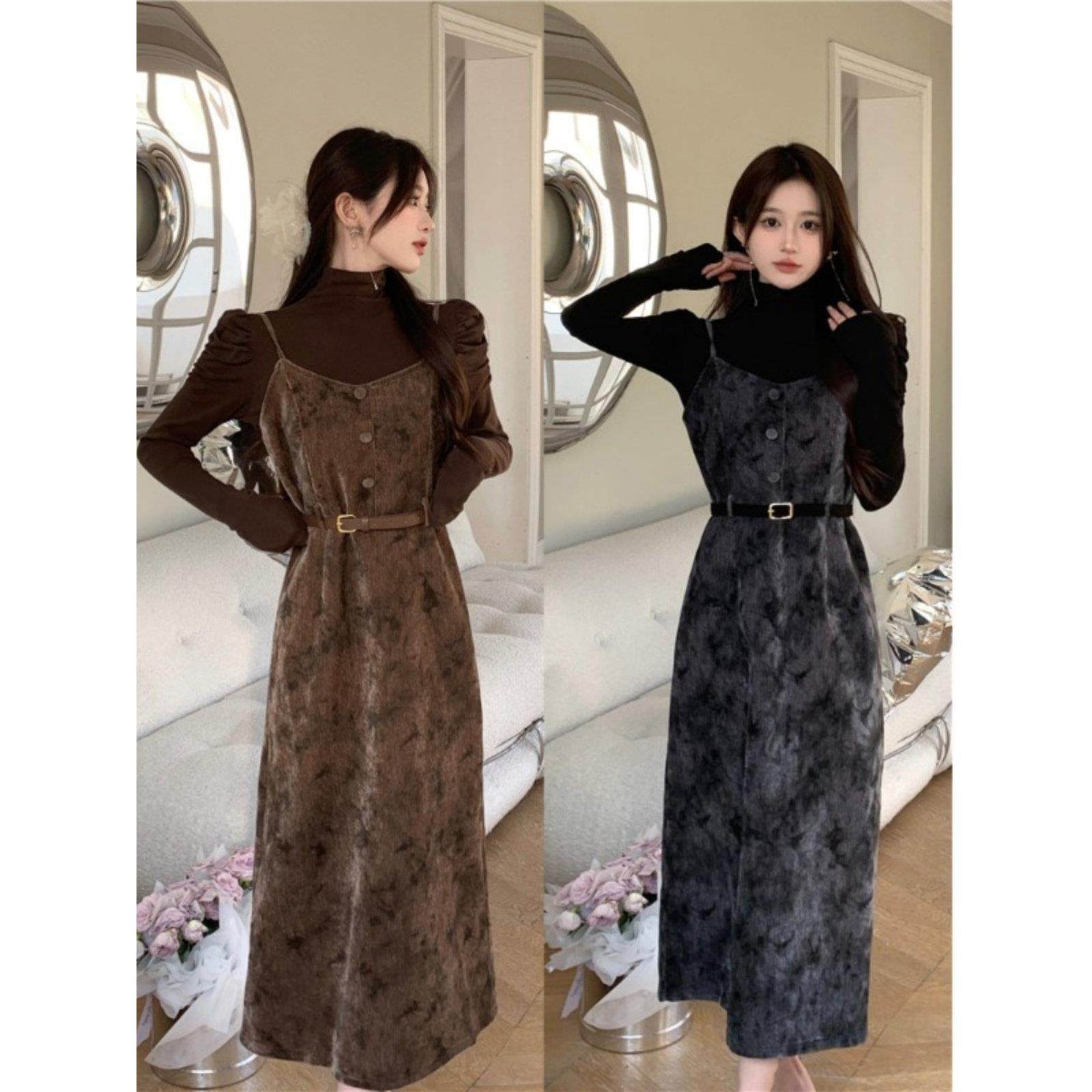 大码吊带丝绒连衣裙女秋冬季胖mm小个子高级感黑色打底内搭两件套,淘宝优惠券,粉丝福利购,淘宝优惠卷