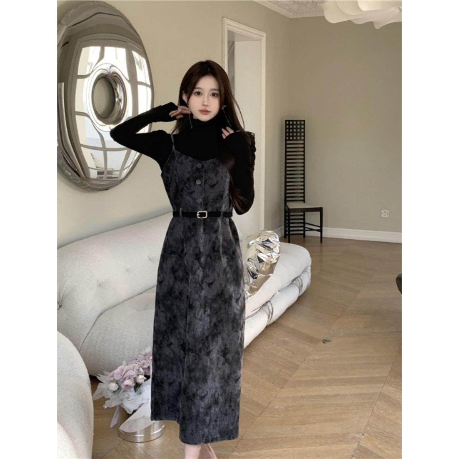 大码吊带丝绒连衣裙女秋冬季胖mm小个子高级感黑色打底内搭两件套,淘宝优惠券,粉丝福利购,淘宝优惠卷