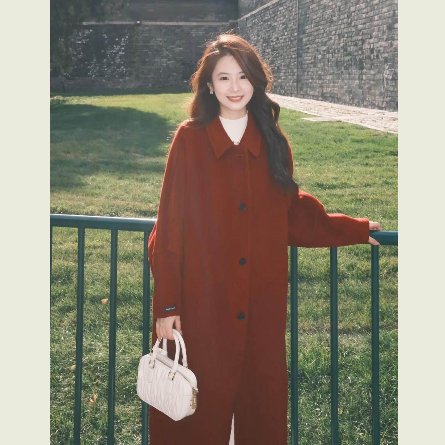 圣诞新年红色翻领呢子大衣女秋冬季韩系高级感气质中长款毛呢外套,淘宝优惠券,粉丝福利购,淘宝优惠卷