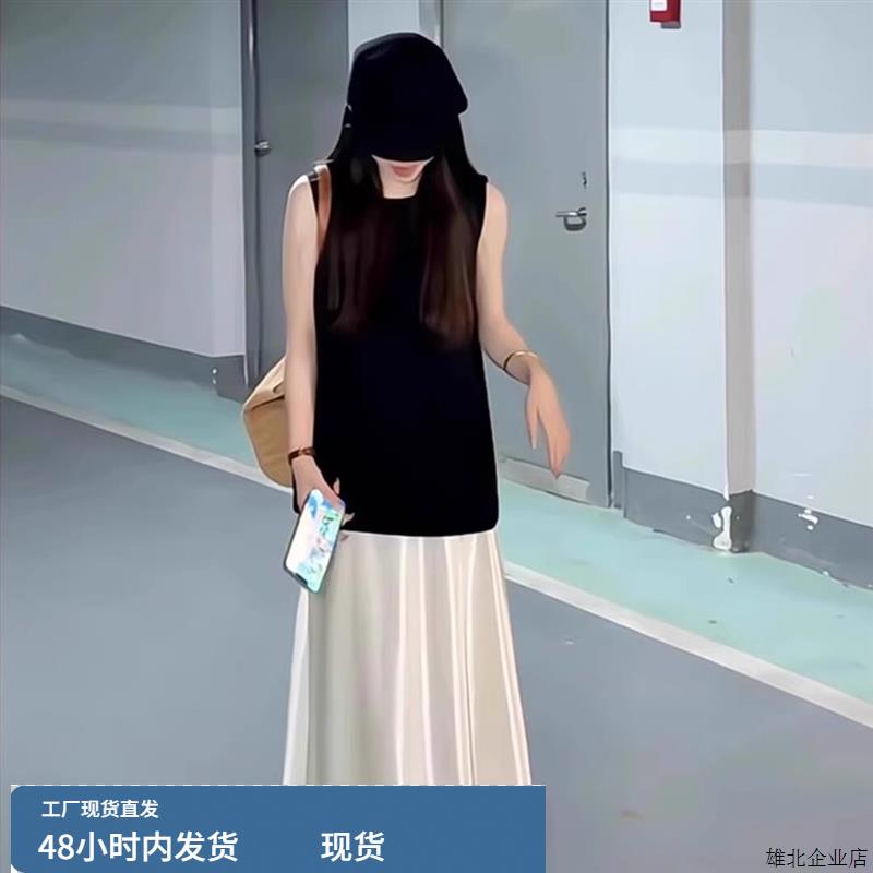一整套大无袖背心衬衫女上衣醋酸半身裙盐系减龄气质洋装套装女 - 图1