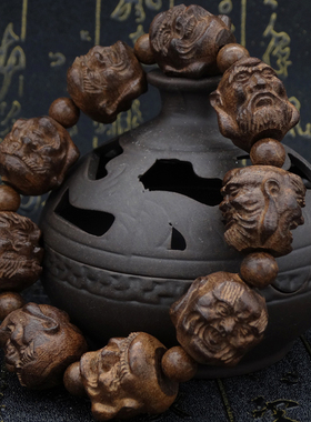 沉香木雕刻貔貅十八罗汉手串佛珠