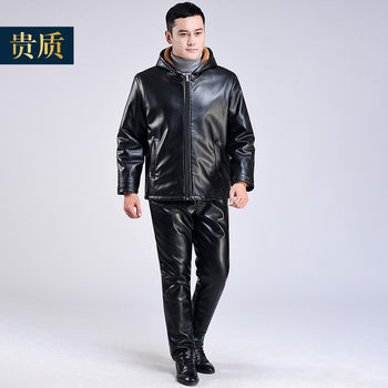 ໂສ້ງຫນັງຜູ້ຊາຍ velvet thickening loose oil-proof and waterproof clothes driving equipment winter warm leather jacket pants pants suite