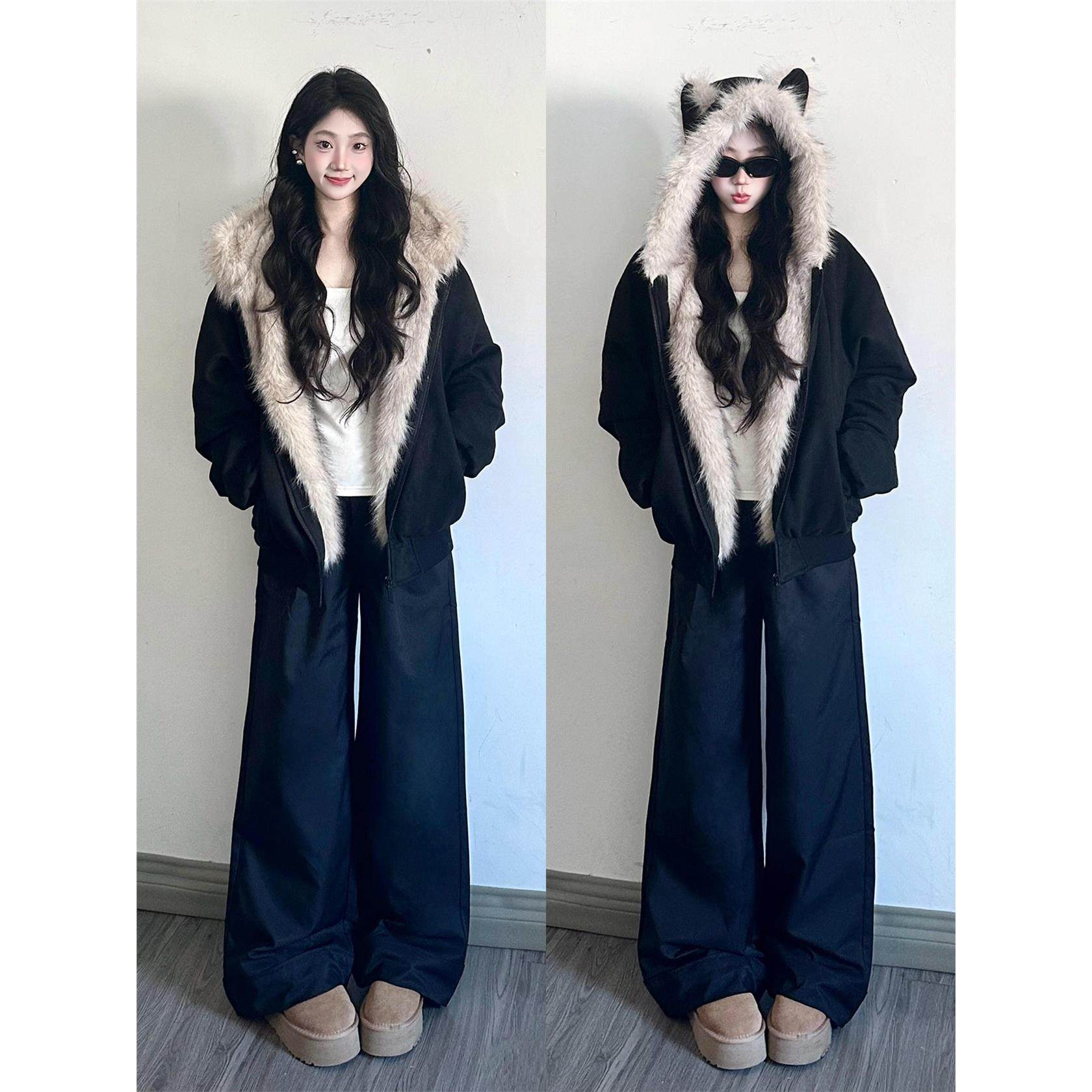 座山雕猫耳朵棉服外套女卫衣2025新款秋冬装麂皮毛绒加厚棉衣棉袄,淘宝优惠券,粉丝福利购,淘宝优惠卷