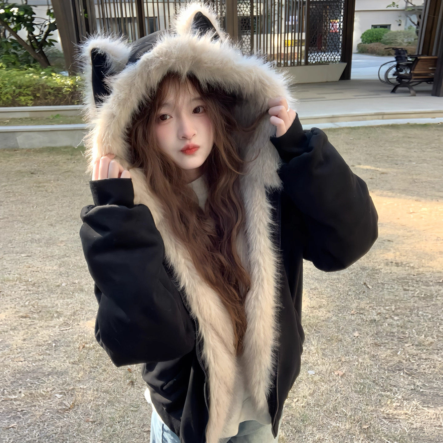 毛茸茸猫耳朵座山雕棉服女2025年新款加厚韩系棉衣冬季学生外套潮,淘宝优惠券,粉丝福利购,淘宝优惠卷