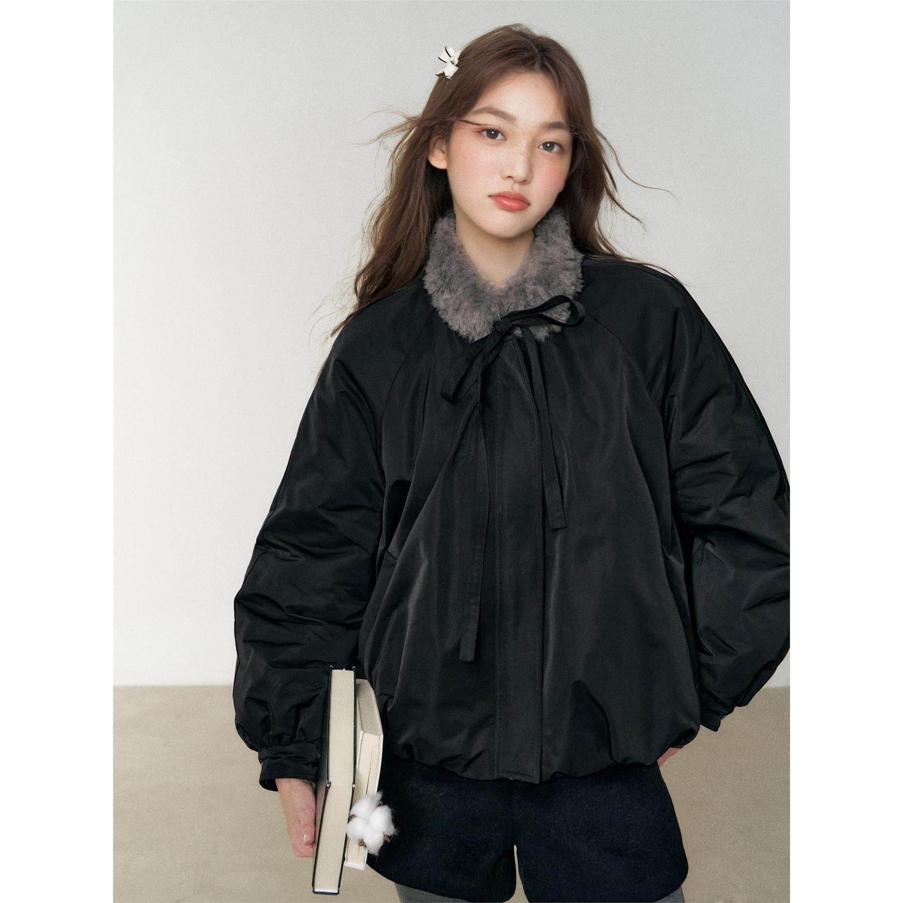 温柔甜美带毛领黑色花苞棉服女2025年冬季加厚保暖设计感棉衣外套,淘宝优惠券,粉丝福利购,淘宝优惠卷