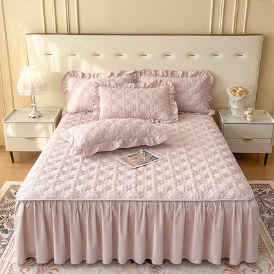 夹棉加厚床裙三件套枕套纯色床罩床垫保护罩床套防滑防尘遮丑床单